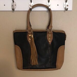 Big Buddha Black Tote with Tan Accents and Tassel